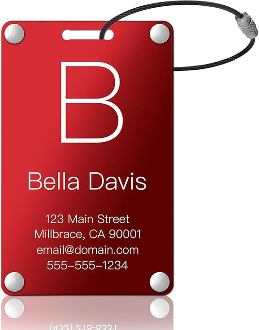 Personalized Luggage Tags: Custom Metal Luggage Tags for Suitcases, Backpacks and Bags with Your Personalized Text (Red)