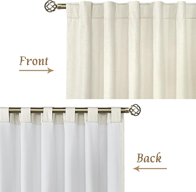 LAMIT 100% Blackout Curtains for Bedroom, 90 Inch Linen Textured Thermal Insulated Living Room Curtains Back Tab and Rod Pocket Farmhouse Neutral Panels with White Liner, 2 Panels, 52 x 90 Inch, Ivory