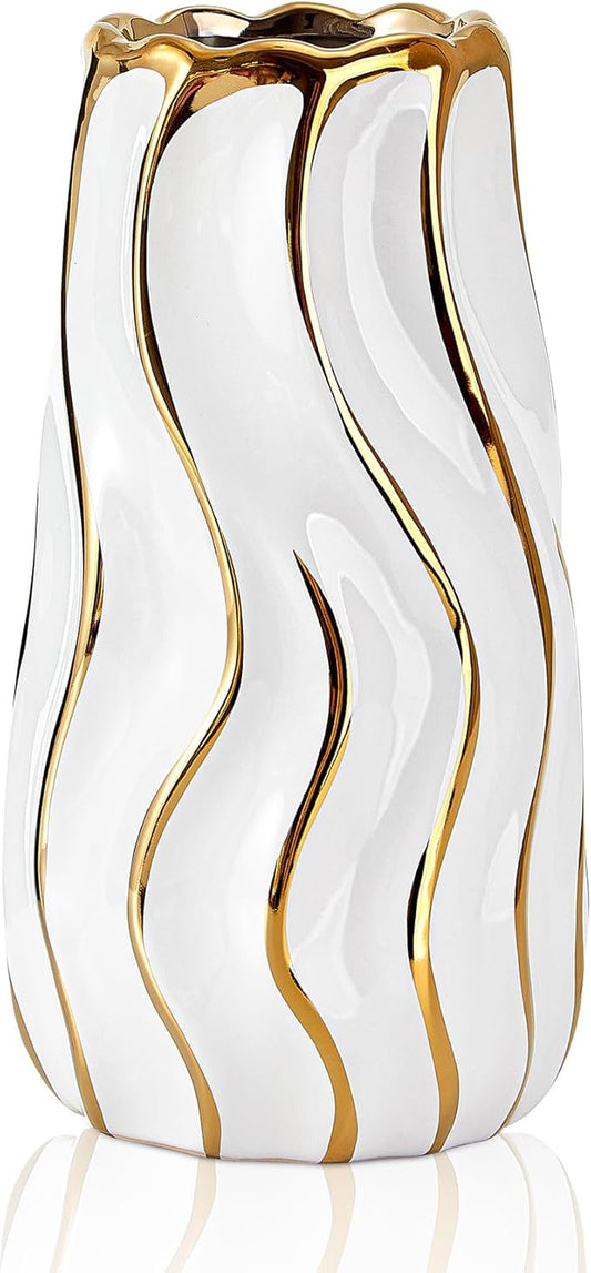 White Ceramic Vase for Home Decor,Decorative Flower Vase, Vertical Stripe Ceramic Vases for Home Décor, Bedroom, Office, Living Room, Bathroom, Tabletop Decor, Centerpiece (White)