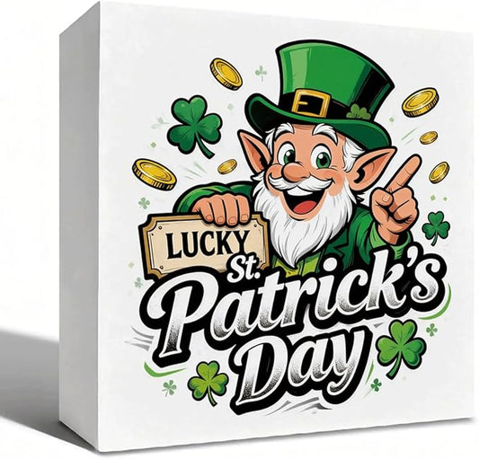 St. Patrick's Day Decor Lucky St Patrick's Day Wooden Box Sign, Cartoon Leprechaun Irish Theme Tabletop Decor for Home Bar Shelf Desk, Farmhouse Holiday Wooden Decoration Party Gift 5 x 5 Inches
