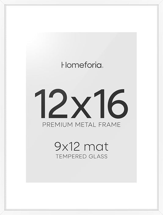 Homeforia 12x16 Picture Frame White, High End Metal 12x16 Poster Frames with Mat 9x12 for Photo, 12 x 16 White Frame Matted to 9 by 12 inch Print, 16x12 Thin Frames, Tempered Glass, Wall Kit, Set of 1