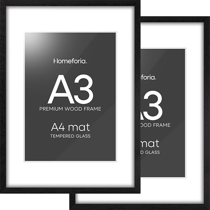 Homeforia A3 Picture Frame Black Wood, High-End Oak 11.7 x 16.5 Black Poster Frames Matted to 8.3 by 11.7 Photo, 11.7x16.5 Size Wooden Frame with Mat 8.3x11.7 Print, Tempered Glass, Wall Kit, Set of 2