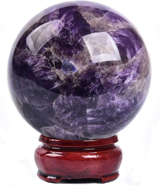 JIC Gem Chevron Amethyst Crystal Ball Healing Crystals Sphere with Wooden Stand Meditation Home Decor 2.3-2.7 inch (60-70mm)