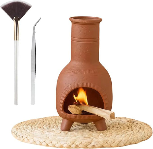 Handmade Terracotta Palo Santo Holder Burner & Sage Holde - Mexican Style Mini Tabletop Chiminea Tray with Ash Catcher, Decorative Incense Holder for Spiritual Meditation & Yoga