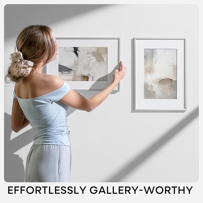 Homeforia A2 Poster Frame Silver, High End Metal A2 Picture Frames Silver with Mat A3 Print, 16.5x23.4 Frames Matted to 11.7x16.5 Photo, 16.5 by 23.5 Hanging Frames, Tempered Glass, Wall Kit, Set of 1