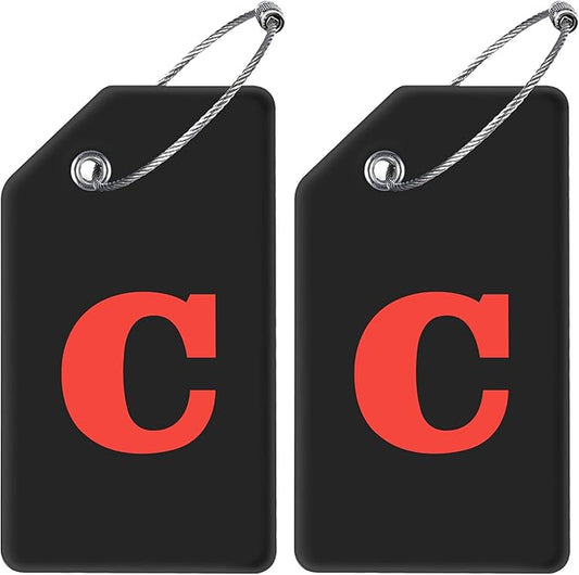 Gostwo 2 Pack Silicone Luggage Tags for Suitcases, 26 Initial Letter Baggage Labels Handbag School Bag Suitcase Instrument Tag with Stainless Steel Loop(Black)(Letter C)