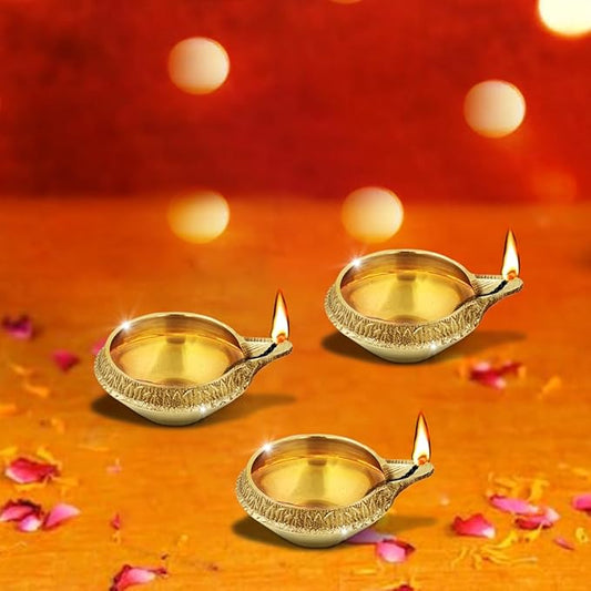 Shubhkart Premium Embossed Brass Diya Set of 3 – Handcrafted Oil Lamp Trio for Home Décor, Prayer Rooms, Yoga Corners, Festive Lighting & Gifting with Engraved Artwork and Heavy-Duty Brass Shine