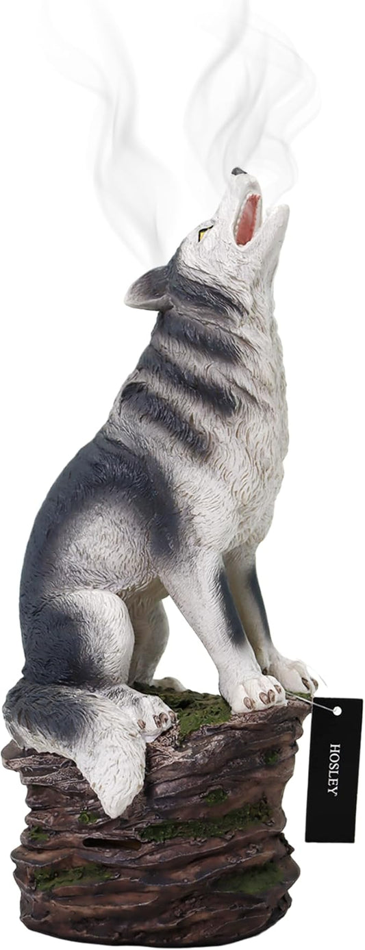 Hosley Incense Burner, Cone Incense Holder, Resin Wolf Décor 12 Inch Height, Aromatic Ambiance, Ideal for Home Décor, Office, Living Room, Spa, Meditation Space, Unique Gift for Wild Lovers