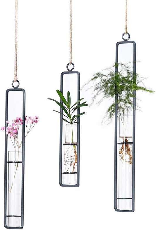 Aoderun Hanging Glass Planter Water Iron Art Hydroponic Vase Transparent Test Tube Flower Hanging Bottle Home Decoration (3pcs-S,M,L)