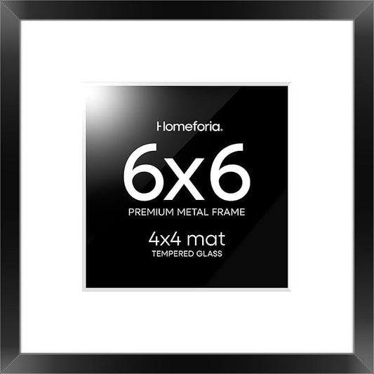 Homeforia 6x6 Black Picture Frame, High End Metal 6 x 6 Square Photo Frames with Mat 4 by 4, 6x6 Poster Frame Matted to 4x4 inch Print, 6by6 Wall or Tabletop Frames, Tempered Glass, Wall Kit, Set of 1