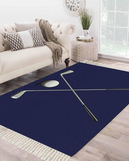 Navy Blue Large Runner Rug 4X6 Ft Living Room Area Rug, Washable Woven Sports Golf Ball Throw Carpet with Tassel, Non-Shedding Modern Minimalist Art Bedroom Office Carpets