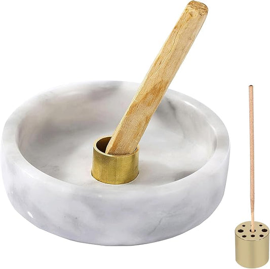 Palo Santo Holder, Natural Marble Incense Burner for Palo Santo Sticks, Handmade Stick Incense Holder Ideal for Smudging, Incense Burning, Decoration (Natural White&Grey)