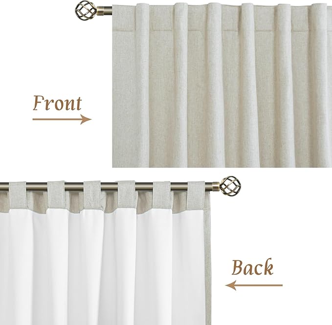 LAMIT 100% Blackout Short Linen Curtains for Cafe, 40 Inch Length Linen Textured Thermal Curtains Back Tab and Rod Pocket Neutral Panels with White Liner for Kitchen, 2 Panels, 42 x 40 Inch, Stone