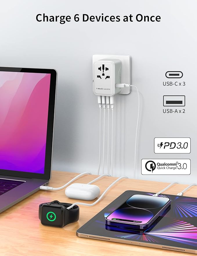 MOMAX 6-in-1 Universal Travel Adapter, GaN 70W International Power Adapter, 3 USB-C PD Fast Charging & 2 USB-A QC, 1 AC, All-in-One International Plug Adapter for Travel European UK AUS JP