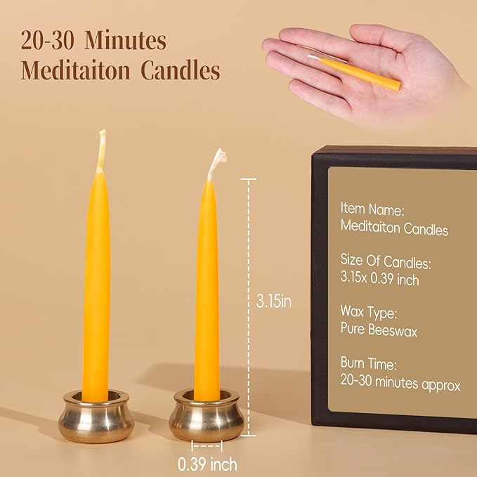 70Pcs Beeswax Candles 30 Minute Meditation Candles, Mini Taper Candles with Brass Candle Holders, Prayer Candle Gift for Yoga Relaxation Ritual Chime