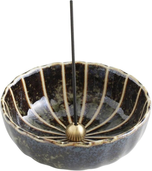 Asayu Japan Lotus Incense Holder for Sticks 4.1 inch (105mm), Traditional Made in Japan Ceramic Ash Catcher and Brass Incense Burner Set - Green Lotus