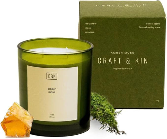 Craft & Kin 12oz Amber Moss Candle for Home | Premium Green Winter Scented Candles for Men | Made with Natural Soy | Holiday Candles Gifts for Men and Women | Nature Collection