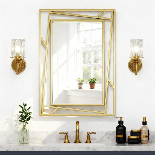 Brushed Gold Bathroom Mirror, 28''X20'' Rectangular Wall Mirrors with Geometric Metal Frame for Bathroom Bedroom Living Room, Hang Horizontally or Vertically