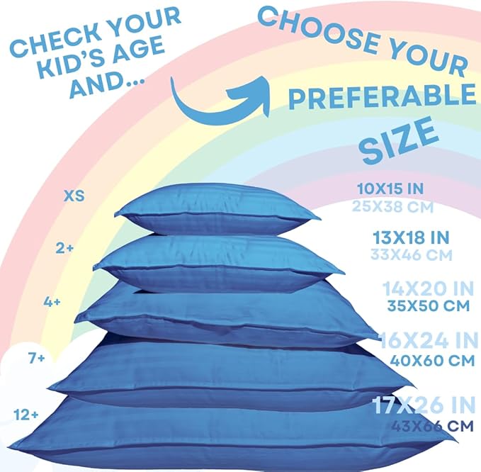 kinder Fluff Children Pillows for Bed (2X) 14x20in- The Only Kids Pillow 300T Cotton Shell & Down Alternative Fill - Travel Pillow for Children Bedding Set Sleeping Pillow Floor Bed Pillows- Blue- M