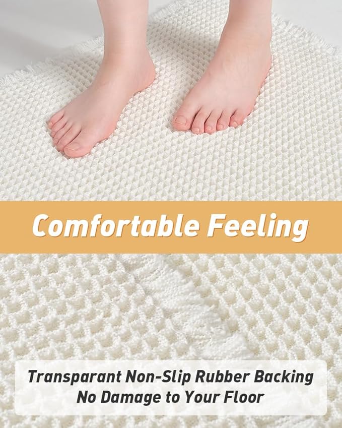 AMOAMI Waffle Runner Rug Super Absorbent Non Slip Bath Mats for Bathroom Floor, Machine Washable Boho Bathroom Runner Rug with Tassels, Ideal for Hallway Bedroom Laundry Room, 2'x 4'