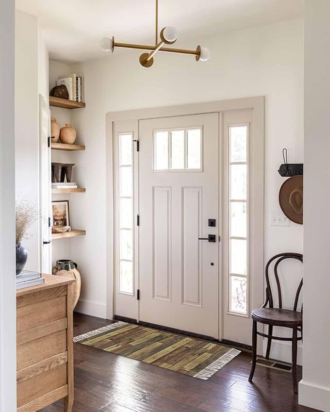 Brown Runner Rug 2X4 Ft Entryway Outdoor Indoor Mat, Washable Woven Vintage Country Wooden Grain Throw Carpet with Tassel, Non-Shedding Farmhouse Cabin Retro Plank Stitching Art Hallway Bath Mats