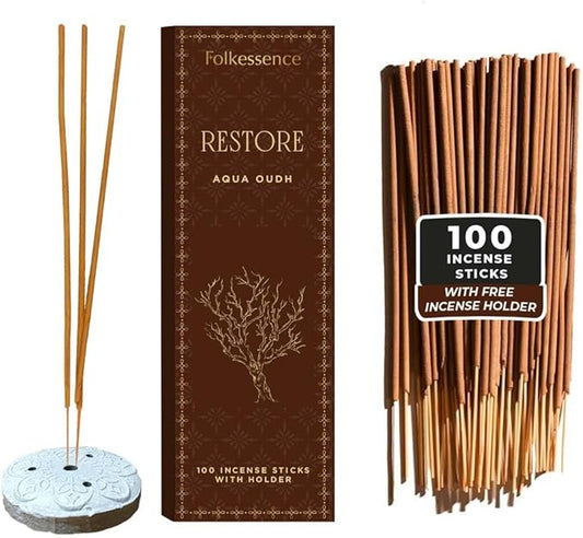 Folkulture Incense Sticks with Holder (100 Sticks)| Oud Luxury Incense Stick For Meditation, Aromatherapy, Prayer, Gifts for Women | No Charcoal,Organic,Non Toxic, 45 Mins, Long Burning Insence-Sticks