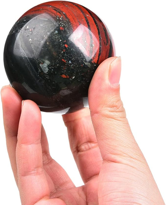 JIC Gem Real Quartz Crystal Sphere Ball African Bloodstone Healing Crystal Ball with Decoation Stand for Fengshui Meditation Ball (60-70mm)