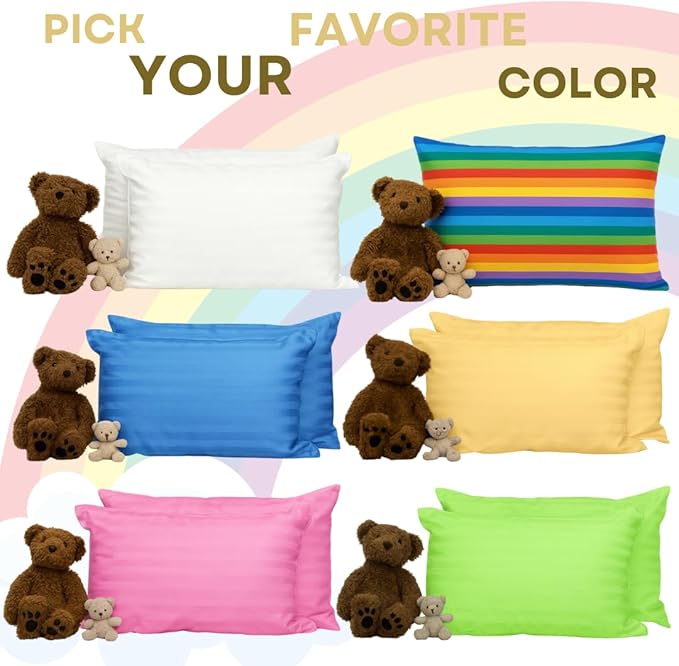 kinder Fluff Toddler Pillow (2Pack) 10x15in - First Pillow for Kids Age 2+, 100% Cotton Sateen Stripes Shell 300T, Down Alternative Fill, Machine Washable - Children & Travel Cushion - Yellow - XS
