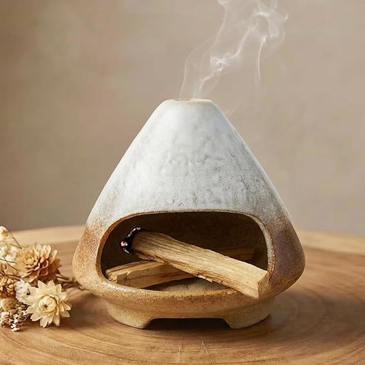 CEREMONY Palo Santo Holder -Mini Ceramic Incense Holder for Palo Santo and Sticks - White Sage Holder for Meditation Decor Ceremony Incense with Glass Gray Collector (Brown-Mount Fuji)