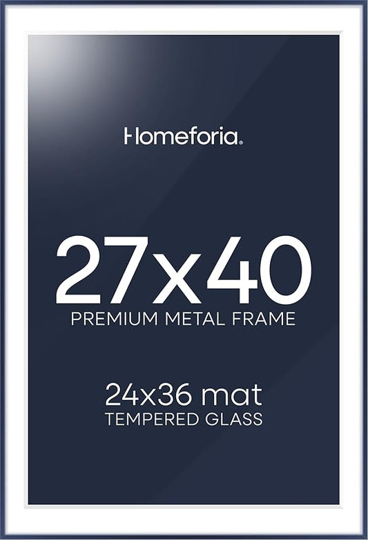 Homeforia 27x40 Poster Frame Navy Blue, High End Metal 27x40 Large Picture Frames with Mat 24x36 inch Photo, 27 x 40 Thin Frame Matted to 24 x 36 Print, 40x27 Frame, Tempered Glass, Wall Kit, Set of 1