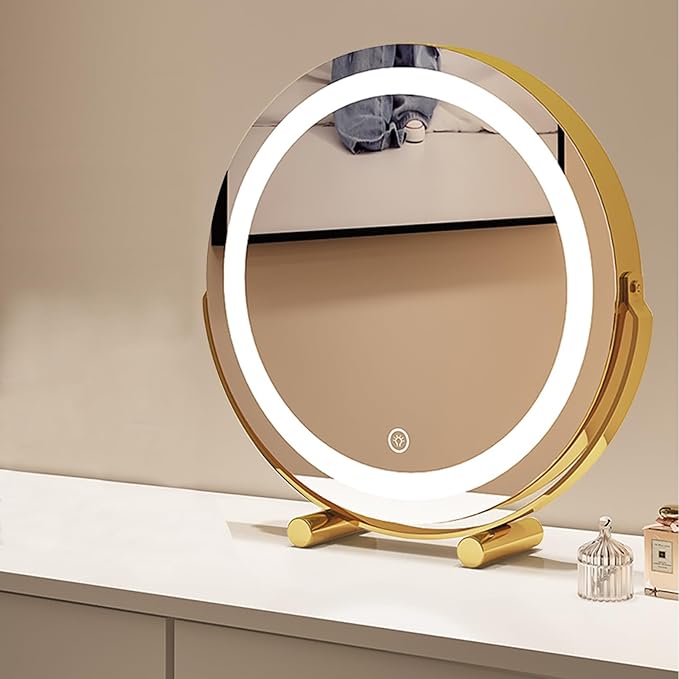 FERKAP Tabletop Vanity Mirror with Lights Lighted Makeup Mirror Touchscreen Control 3 Color Lighting Modes 360°Rotation High Definition Lighted Up Mirror (Color : Gold, Size : 11.8"X13.3")