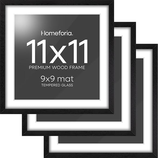 Homeforia 11x11 Black Wood Frame, High-End Oak 11 x 11 Square Picture Frames with Mat 9 by 9 inch Photo, 11by11 Wooden Frame Matted to 9x9 Art, Wall Hanging Frames, Tempered Glass, Wall Kit, Set of 3
