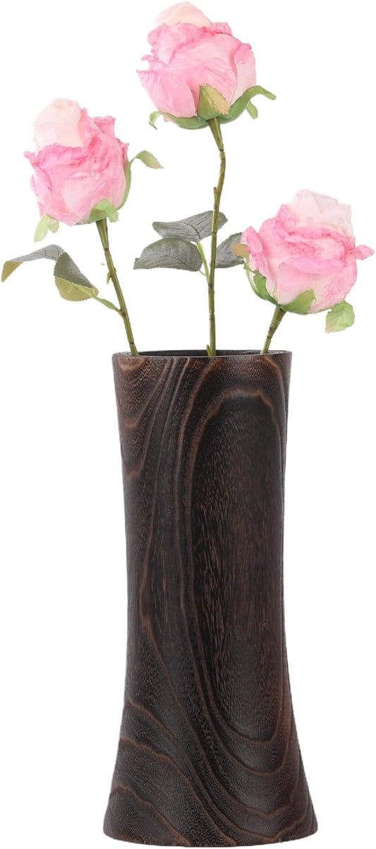 Handmade Eco-Friendly Wooden Vase Set - Natural Solid Paulownia Wood Vases for Home Decor, DIY Hand-Painted Design, Unbreakable Decorative Gift Set (7”, 10”, 12”) (Hourglass Brown Vase 5×11.6in)