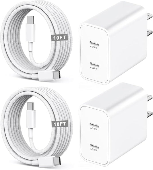 iPhone 17/16/15 Fast Charger,2-Pack USB C 2in1 Dual PD Charging Block with 10FT Long Type C to C Woven Charger Cable for Apple iPhone 17 Pro Max/17 Pro/Air/iPhone 16 Pro Max/16e/15 Pro/15 Plus