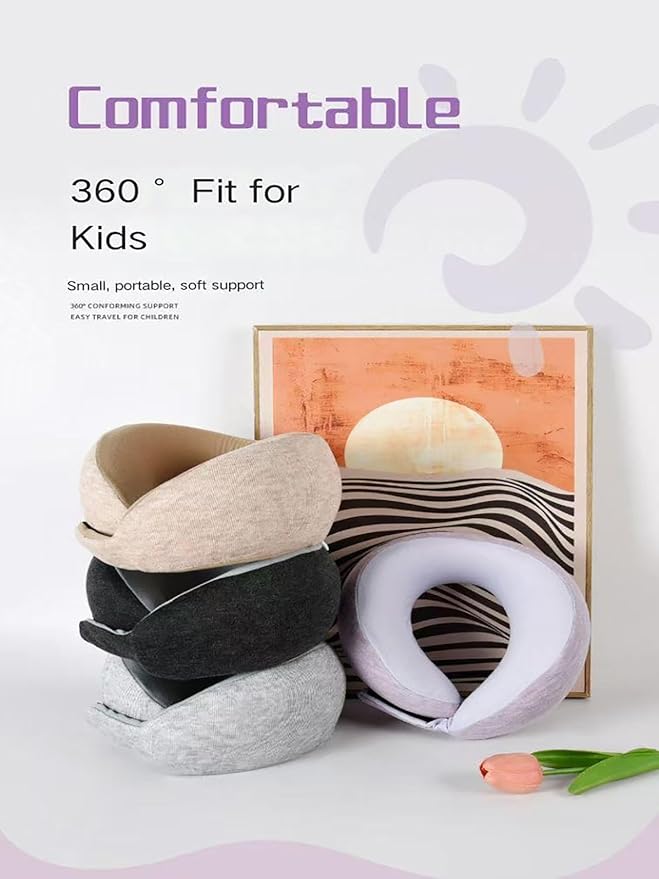 Kids Memory Foam Travel Neck Pillow, 360° Support,Travel U-Shaped Airplane Pillow, Foldable，Suitable for Commuting, Flying, Working, and Living at Home (Light Gray)