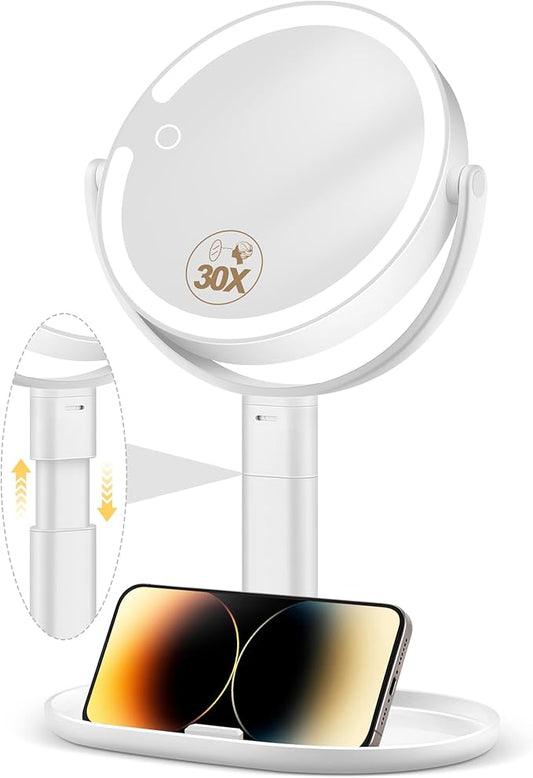 Makeup Mirror with Lights, 30X Magnifying & Height Adjustable, Lighted Magnifying Mirror with 3 Light Modes and Stepless Dimming, Vanity Mirrors for Bathroom, Birthday Gift for Women, White