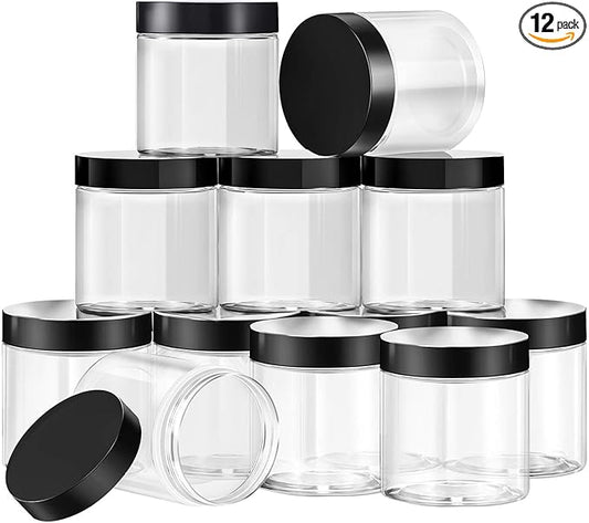 SATINIOR 12 Pack Plastic Container Jars with Lids Round Clear Travel Cosmetic Container Slime Jar for Toiletries, Lotion, Cream, Ointment, Makeup, Rhinestone, Sample, Kitchen Storage(8 oz,Black)