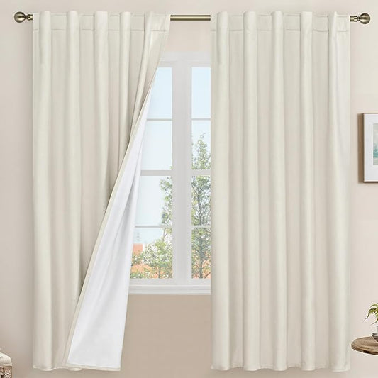 LAMIT Natural 100% Blackout Linen Curtains, 72 Inches Linen Textured Thermal Bedroom Curtains Back Tab and Rod Pocket Neutral Panels with White Liner for Farmhouse, 2 Panels, 42 x 72 Inch, Ivory
