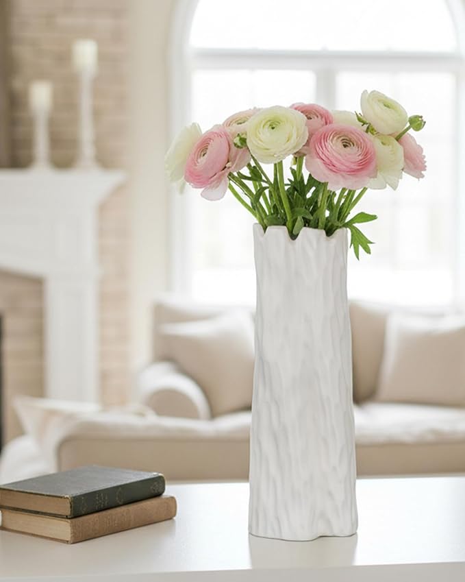 10.7 Inch White Ceramic Vase, Organic Nature Shape, OOSTONEE Boho Nordic Modern Style White Flower Vase, Shelf, Home, Living Room, Coffee Table Centerpiece, Ceramic vases for Home Decor