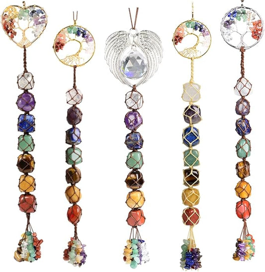 Anjiucc 7 Chakra Stone Healing Crystal Tree of Life Wall Hanging Home Interior Decoration，Window Decoration，Yoga Meditation