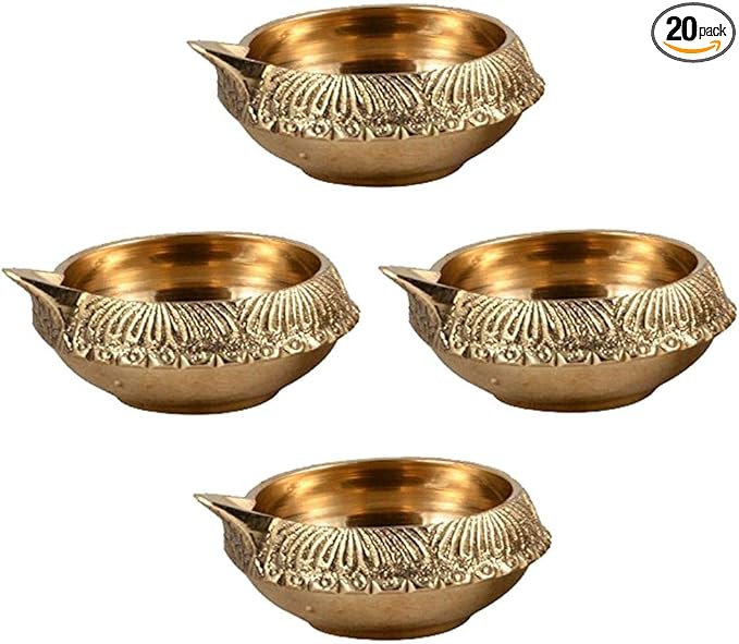 Brass Diya for Pooja Kuber Diya [ Pack of 20 Pc ] - Handmade Brass Indian Puja Oil Lamp - Kutthu vilakku nilakku Deepam for Diwali Decorations - Diwali Gifts Hashcart®