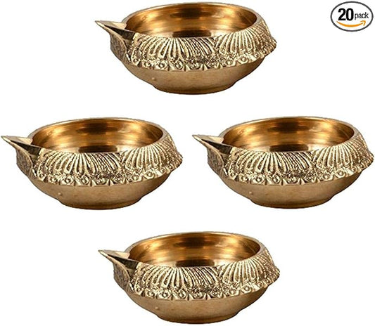 Brass Diya for Pooja Kuber Diya [ Pack of 20 Pc ] - Handmade Brass Indian Puja Oil Lamp - Kutthu vilakku nilakku Deepam for Diwali Decorations - Diwali Gifts Hashcart®