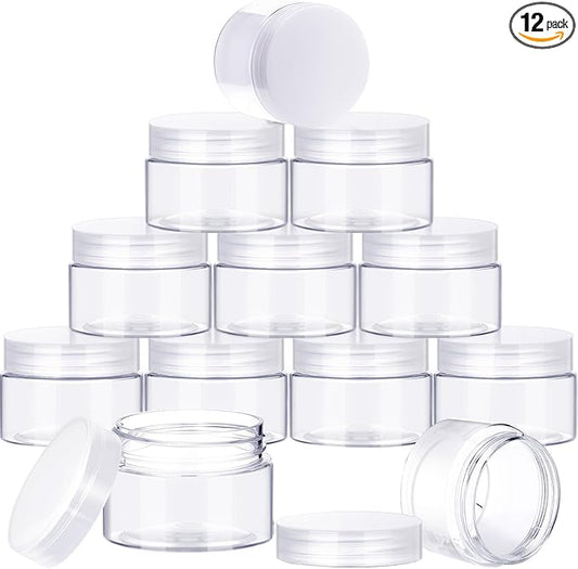 SATINIOR 12 Pack 16 oz Plastic Container Jars with Lids Round Clear Travel Cosmetic Container Slime Jars for Toiletries, Lotion, Cream, Ointments, Makeup, Rhinestone, Samples, Kitchen Storage(Clear)
