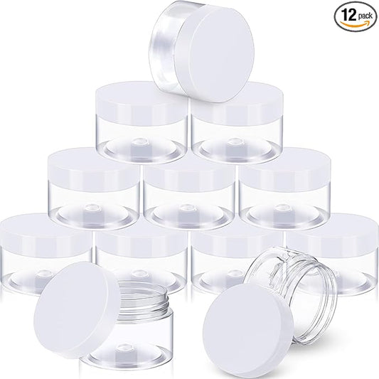 SATINIOR 12 Pack 6 oz Plastic Container Jars with Lids Round Clear Travel Cosmetic Container Jars for Toiletries, Lotion, Cream, Ointments, Makeup, Rhinestone, Samples, Kitchen Storage(White)