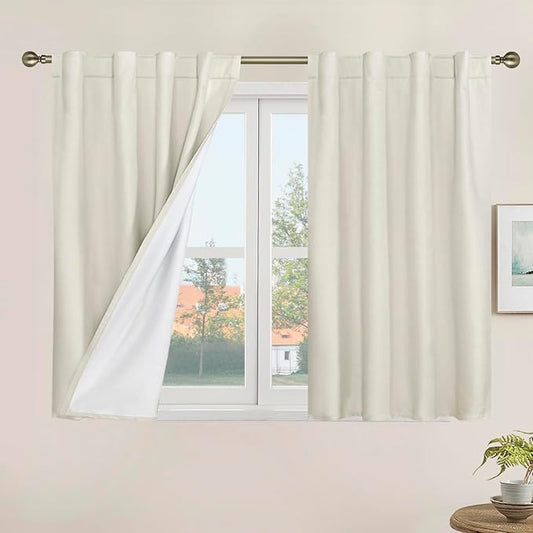 LAMIT 100% Blackout Short Linen Curtains for Cafe, 40 Inch Length Linen Textured Thermal Curtains Back Tab and Rod Pocket Neutral Panels with White Liner for Bedroom, 2 Panels, 34 x 40 Inch, Ivory