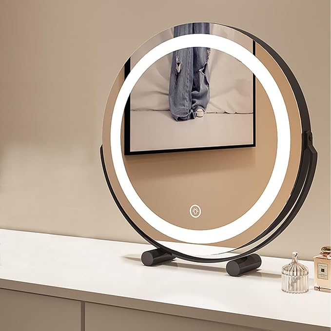 FERKAP Tabletop Vanity Mirror with Lights Lighted Makeup Mirror Touchscreen Control 3 Color Lighting Modes 360°Rotation High Definition Lighted Up Mirror (Color : Black, Size : 19.7"X21.3")