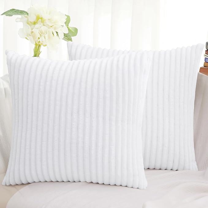 Simmore Decorative Spring Euro Sham Throw Pillow Covers 26x26 Set of 2, Soft Natural Plush Flannel Double-Sided Fluffy Couch Pillow Covers for Sofa Living Room, White