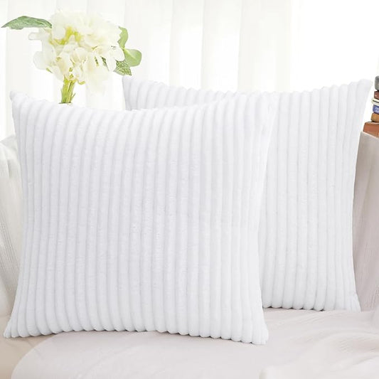 Simmore Decorative Spring Throw Pillow Covers 20x20 Set of 2, Soft Natural Plush Flannel Double-Sided Fluffy Couch Pillow Covers for Sofa Living Room, White