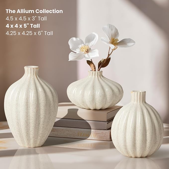 Torre & Tagus Allium Reactive Glaze Ceramic Bud Vase - 5 Inch Small Flower Vase & Small Ceramic Vases for Flowers, Handmade Ribbed Bud Vases for Home Decor & Wedding Decor for Table