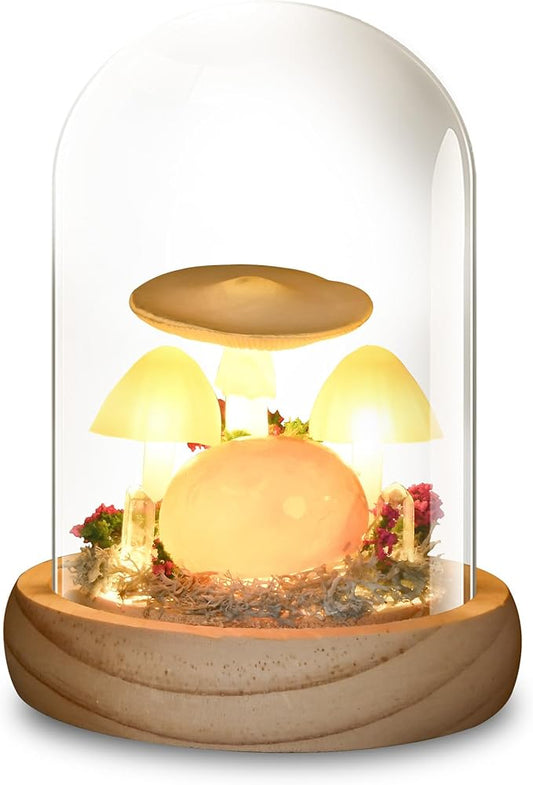 QUELIEN Mushroom Night Light in Glass Dome - Warm White LED Mushroom Lamp for Home Decor, Unique Housewarming Gifts for Women Mom, Bedroom Office Desk Decor (Yellow-1)